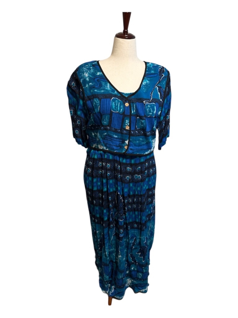 Jasmine Blue Printed Midi Dress Short Sleeve Button Front